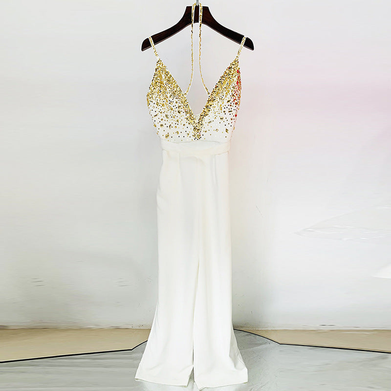 Beaded Sequin V Neck Jumpsuit