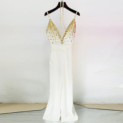 Beaded Sequin V Neck Jumpsuit