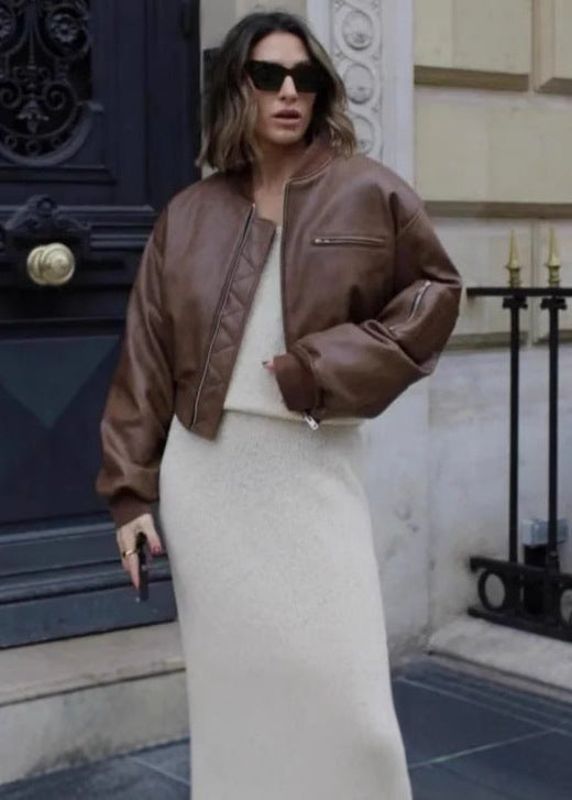 Cropped Faux Leather Bomber Jacket Brown Vintage Edge