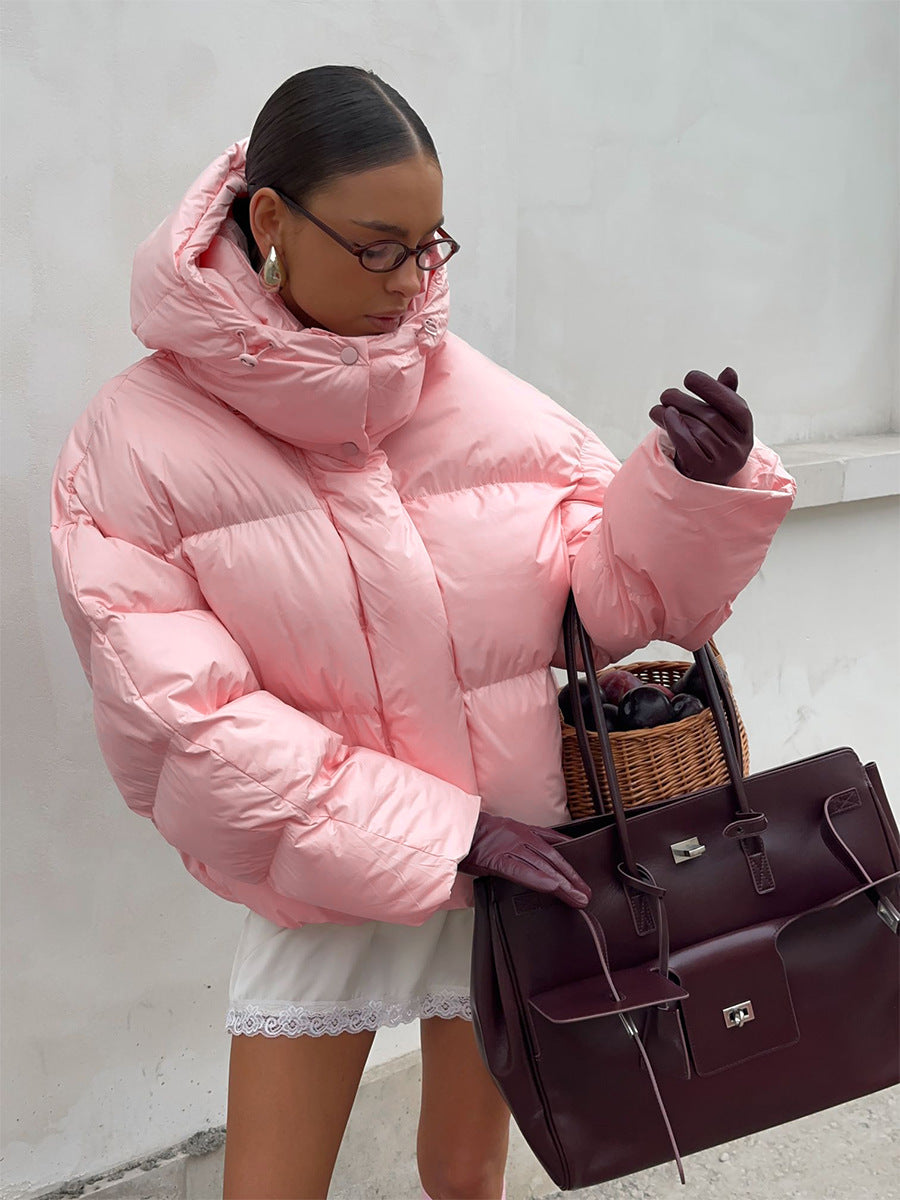Pink Hooded Puffer Jacket Warm Thick Casual Outerwear