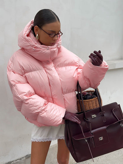 Pink Hooded Puffer Jacket Warm Thick Casual Outerwear