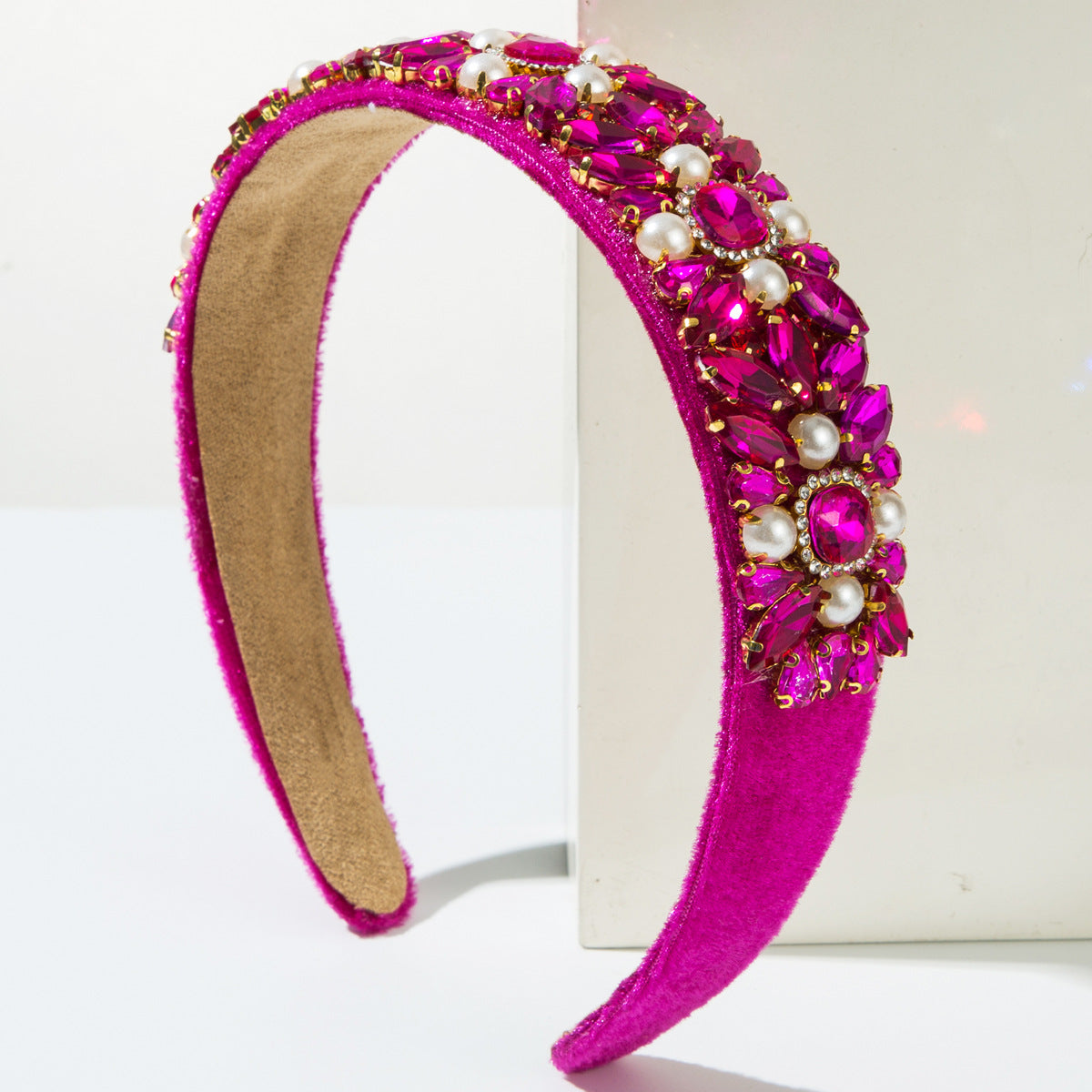 Baroque Velvet Wide Headband With Pearls and Rhinestones