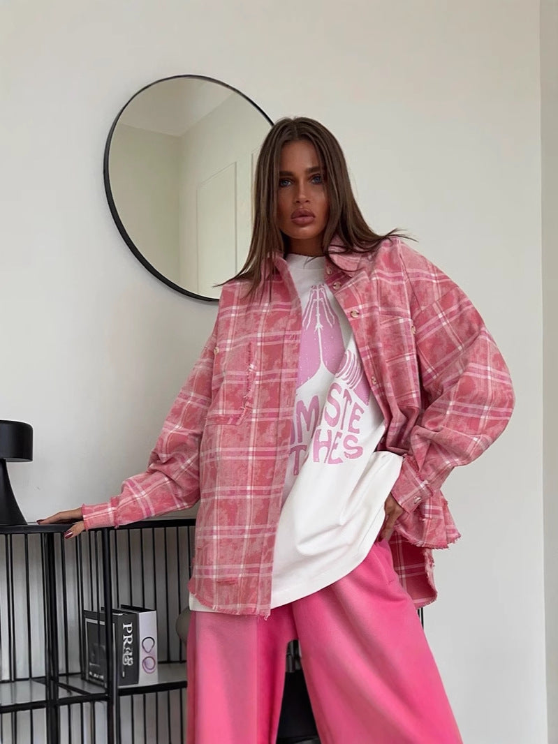 Retro Checkered Pink Shirt Loose-Fit Casual Top