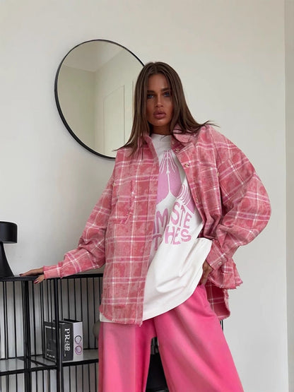 Retro Checkered Pink Shirt Loose-Fit Casual Top