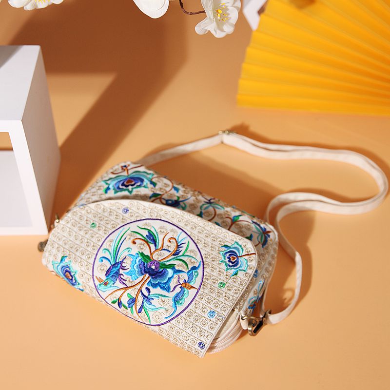 Colorful Cloud Impression Red And Blue Embroidery Versatile Canvas Flap Mobile Phone Crossbody Bag For Women