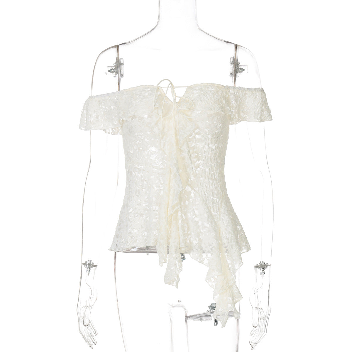 Asymmetrical Lace Trim Tie Top in Apricot