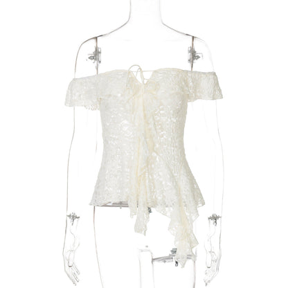 Asymmetrical Lace Trim Tie Top in Apricot
