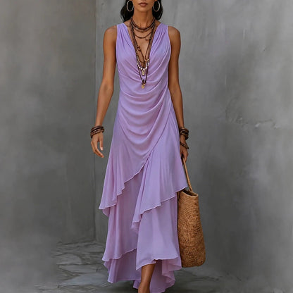 Sleeveless Draped V-Neck Asymmetrical Ruffle Maxi Dress