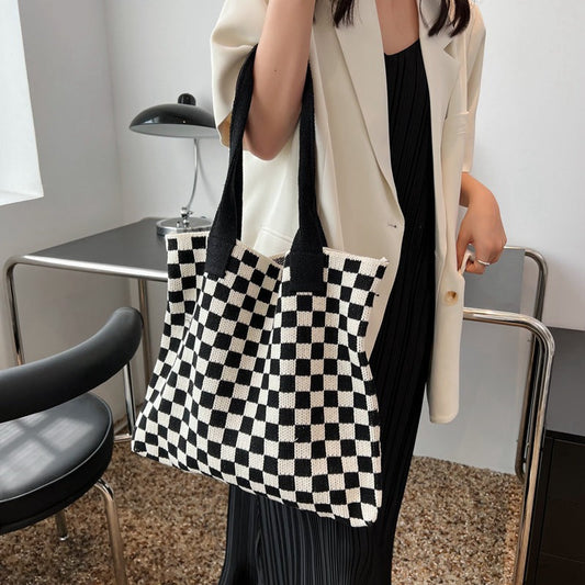Vintage Color Block Plaid Knit Tote Bag