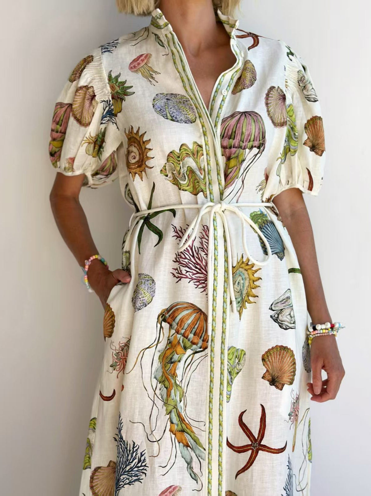 Casual Elegant Animal Pattern Linen Dress with Stand Collar