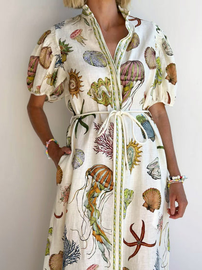 Casual Elegant Animal Pattern Linen Dress with Stand Collar