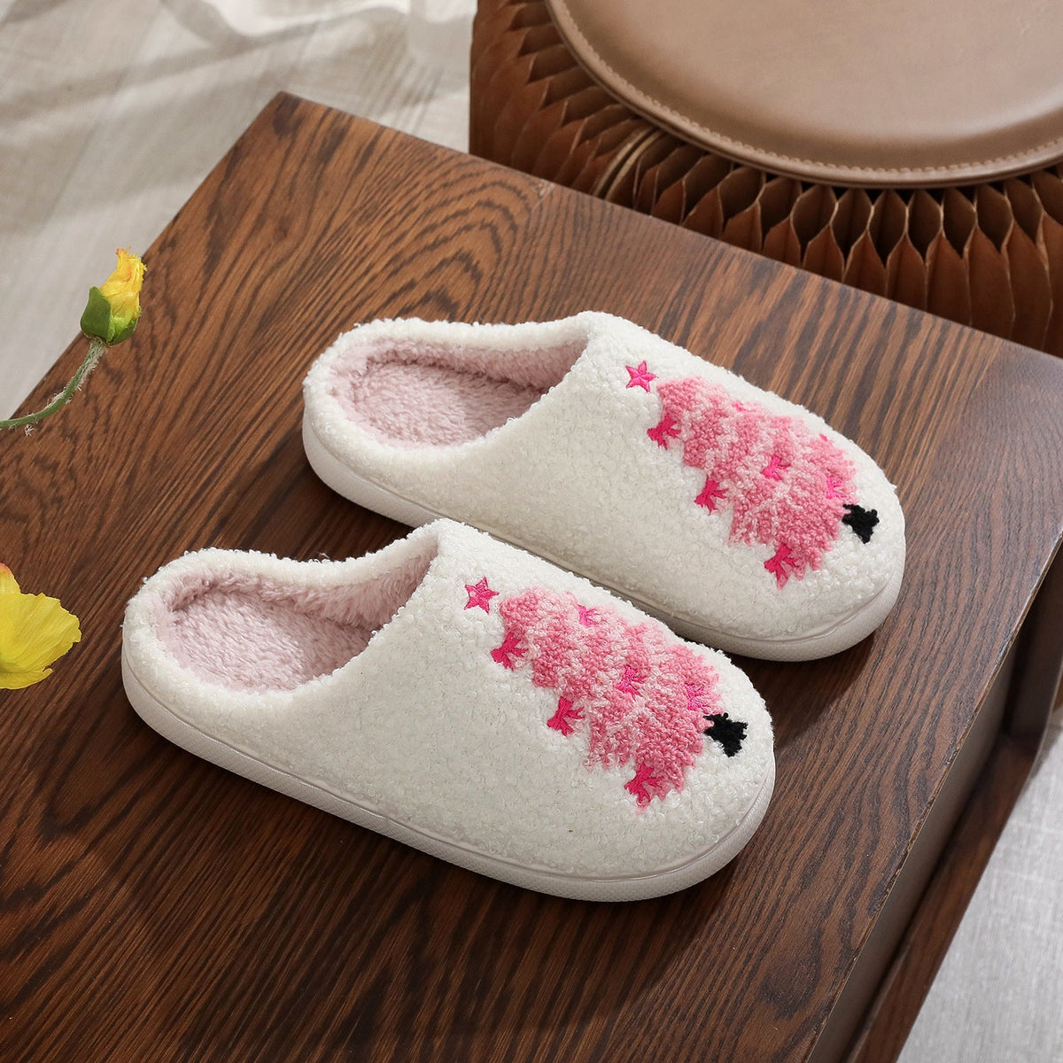 Pink Christmas Tree Print Plush Winter Slippers