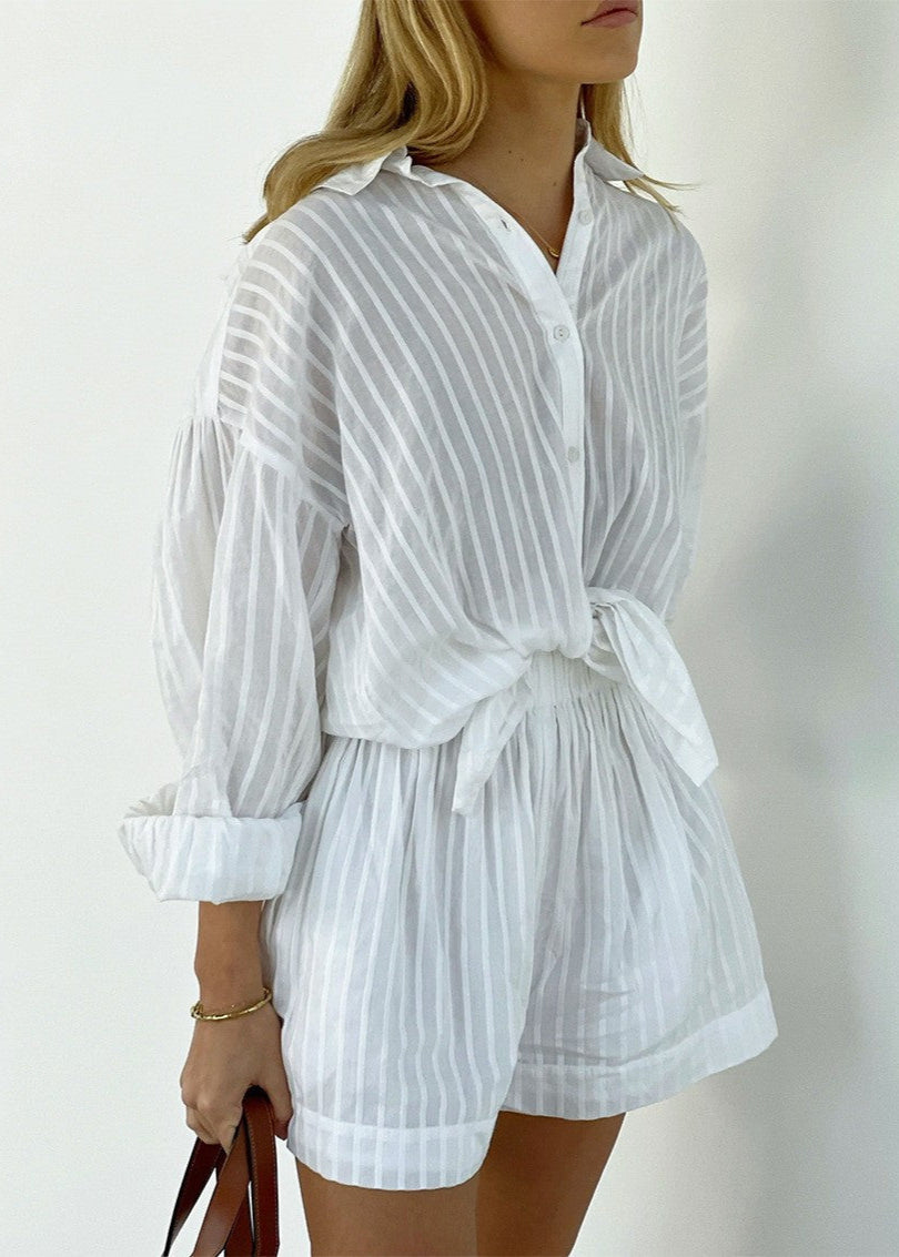 Striped Cotton Shirt And Shorts Set White