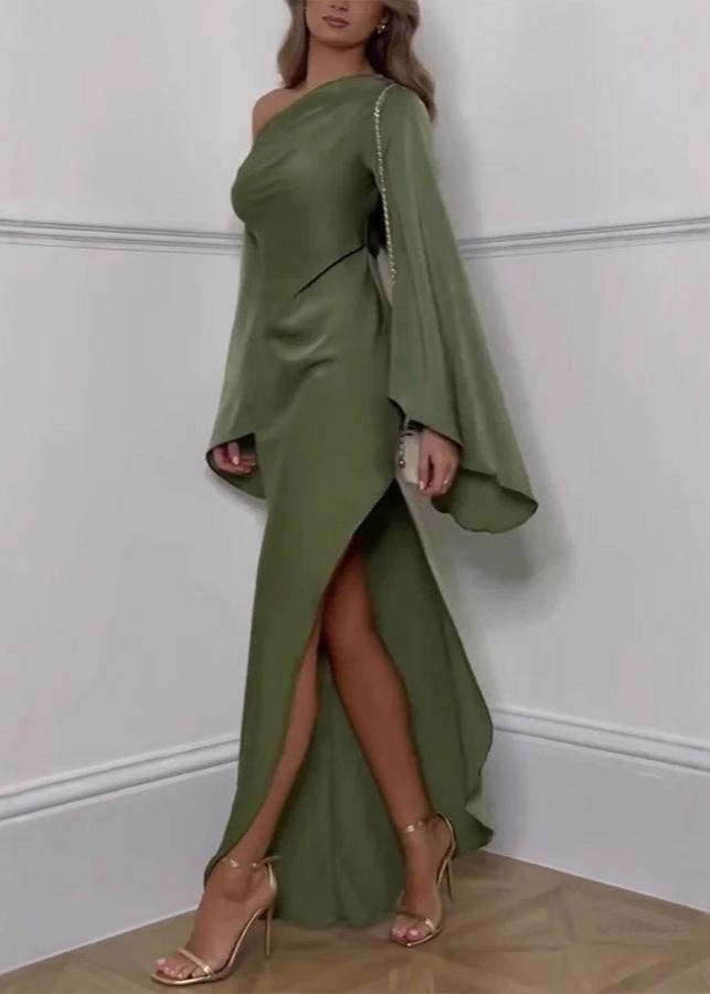 One Shoulder Satin Gown With Draped Sleeve