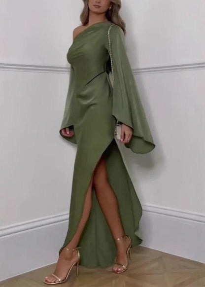 One Shoulder Satin Gown With Draped Sleeve