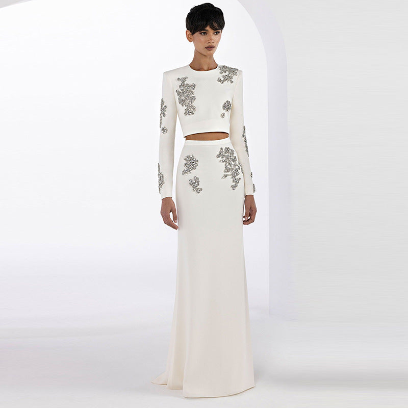 New Trendy Beaded Crop Top & Long Skirt Set