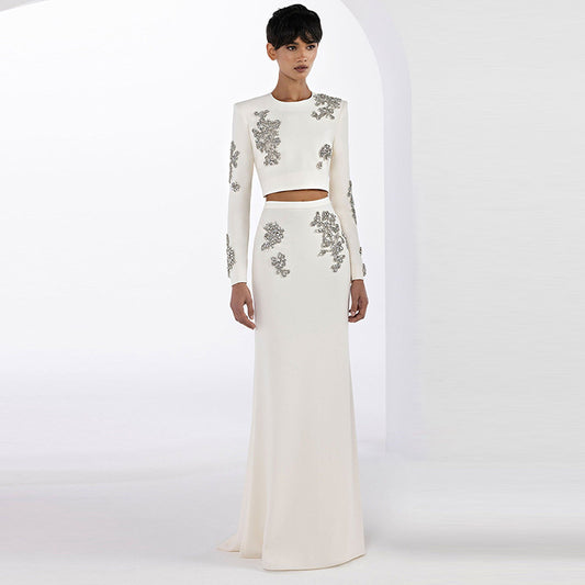 New Trendy Beaded Crop Top & Long Skirt Set