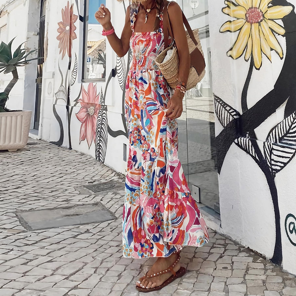 Summer Women'S Elegant Print Elastic Strap Skirt Holiday Style French Fragmented Flower Hanging Strap Long Dress
