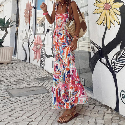 Summer Women'S Elegant Print Elastic Strap Skirt Holiday Style French Fragmented Flower Hanging Strap Long Dress