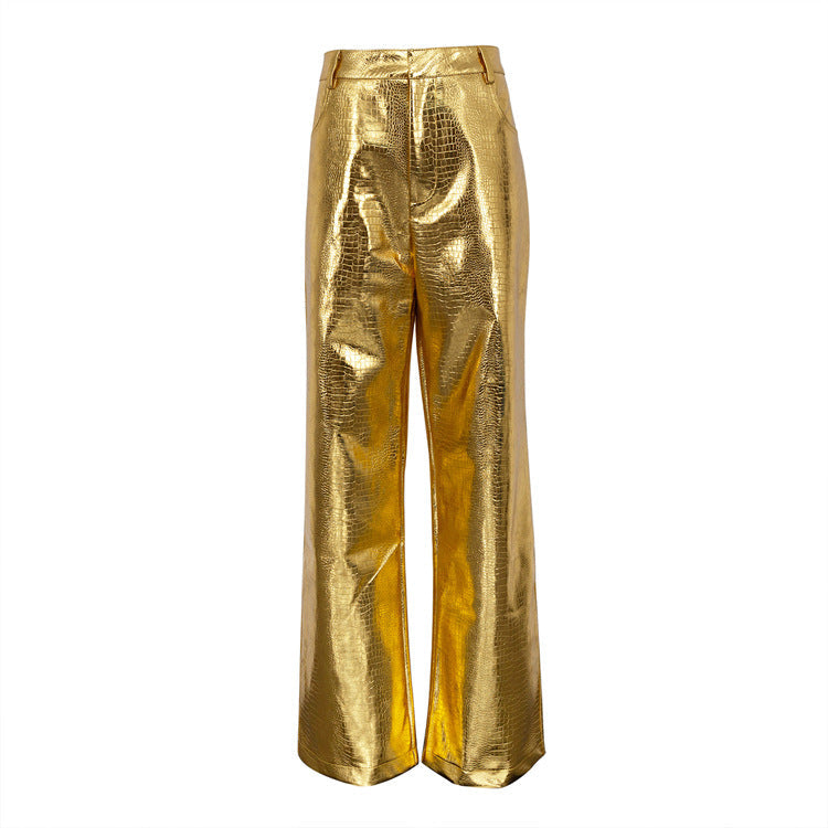 Trendy Silver PU Leather High-Waisted Straight Pants for Women