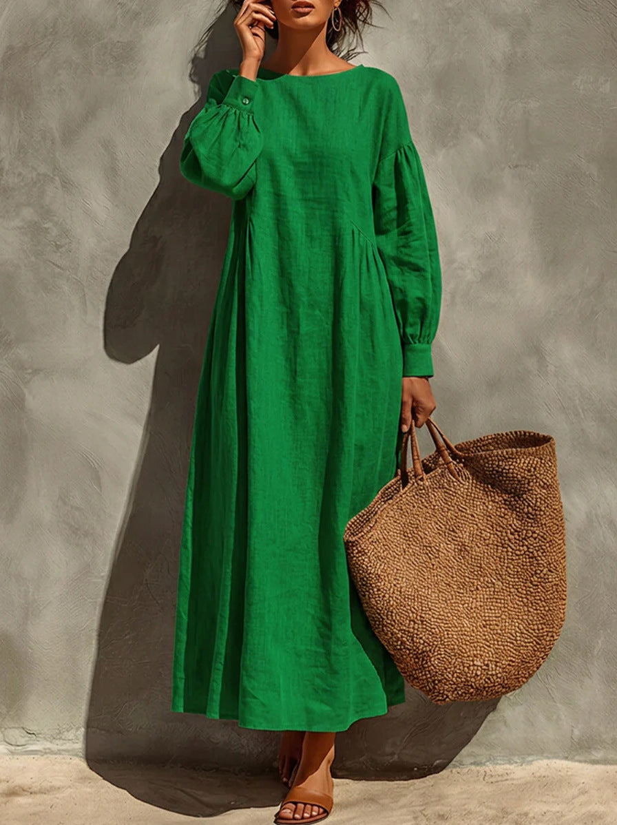 Linen Round Neck Balloon Sleeve Side Gather Midi Tent Dress