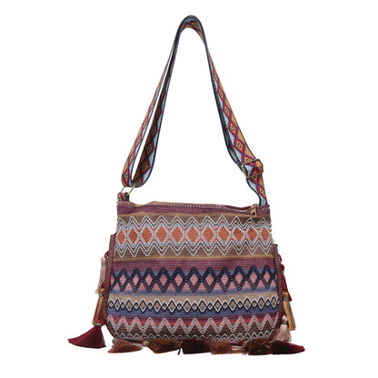 Small Fresh Ethnic Style Crossbody Bag For Women'S New Fashion Versatile Wide Shoulder Strap Single Shoulder Bag Tassel Bucket Bag