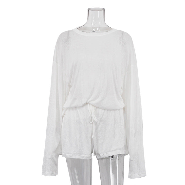 Casual Solid Color Two-Piece Set With Long Sleeve Top And Drawstring Shorts