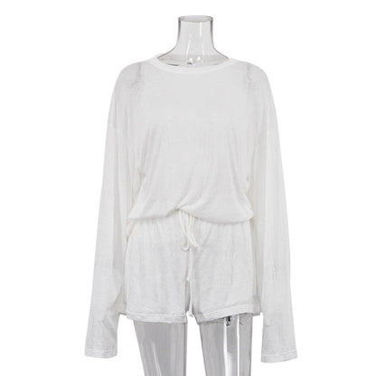 Casual Solid Color Two-Piece Set With Long Sleeve Top And Drawstring Shorts