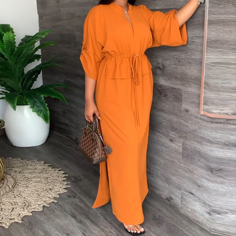 Women'S Casual Fashion Stand-Up Collar Split Length Dress Solid Color Dress