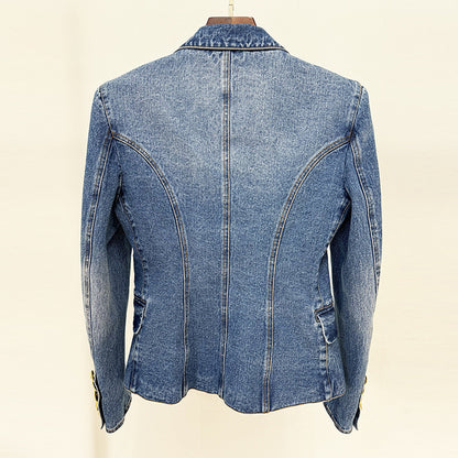 Trendy Tailored Double-Breasted Denim Blazer