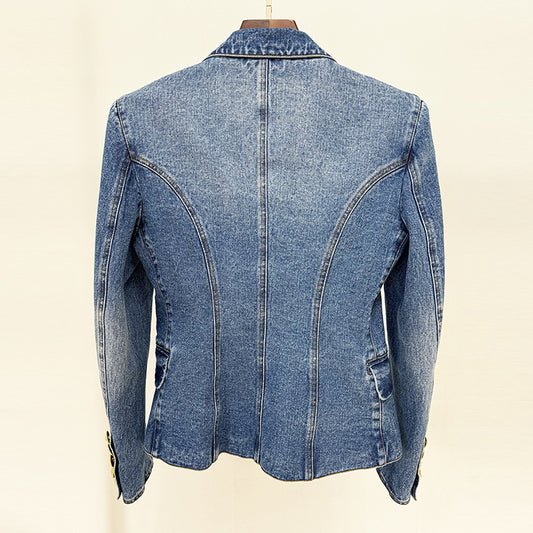 Trendy Tailored Double-Breasted Denim Blazer