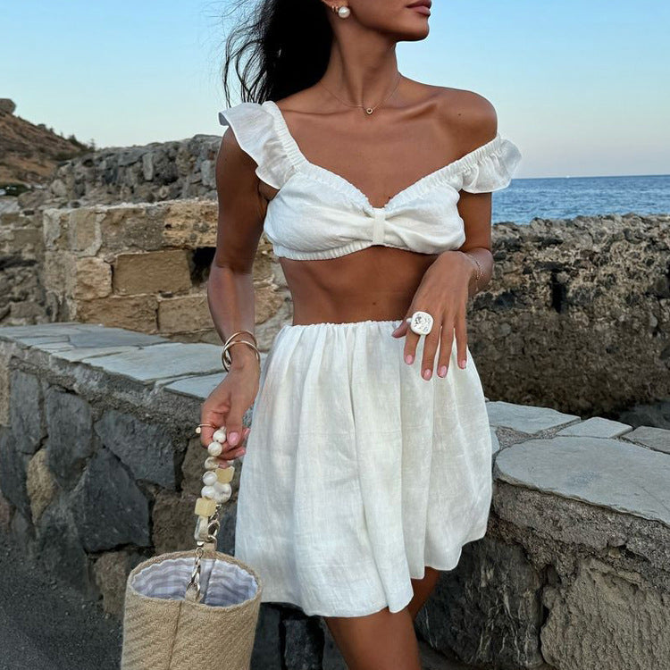 Sexy Off-Shoulder White Crop Top And Skirt Set