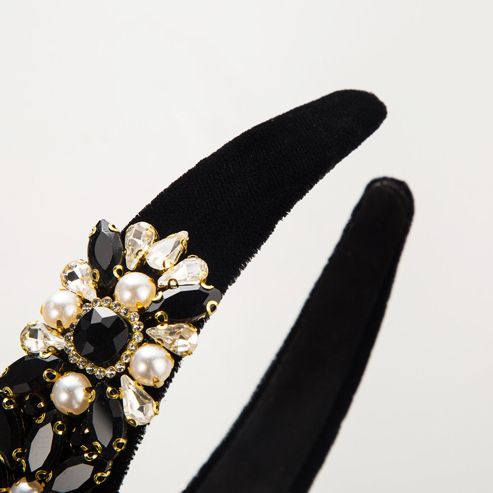 Baroque Velvet Wide Headband With Pearls and Rhinestones
