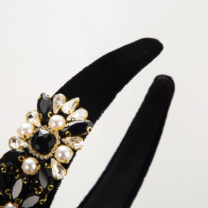 Baroque Velvet Wide Headband With Pearls and Rhinestones