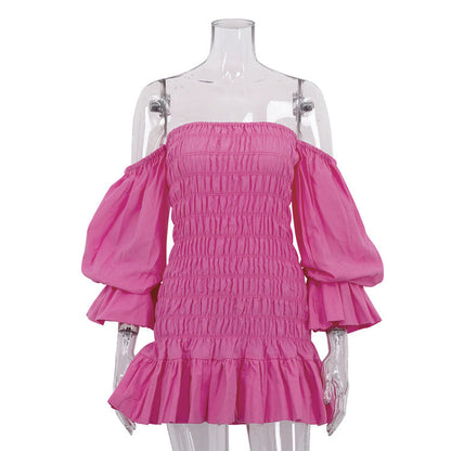 Pink Off-Shoulder Ruffle Short Dress