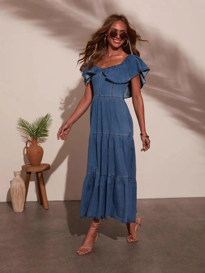 Casual Flounce Sleeve Denim Dress