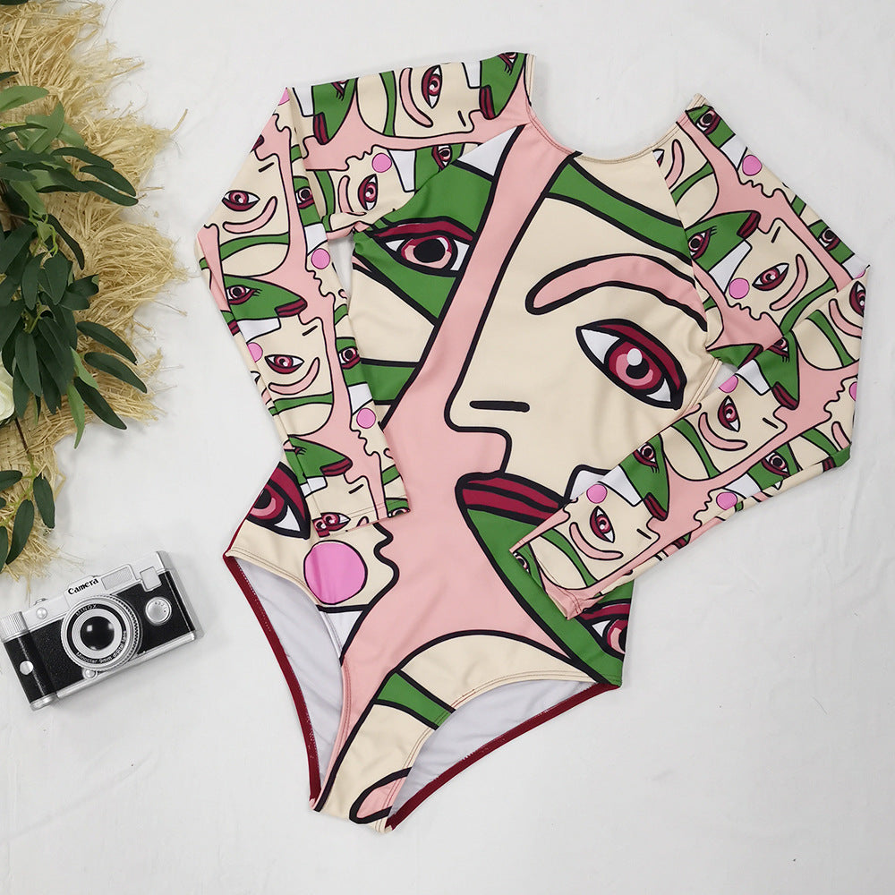 Long Sleeve Abstract Printed One-Piece Swimsuit Women'S Surfing Suit Swimwear Sports Sexy Surfing Wetsuit