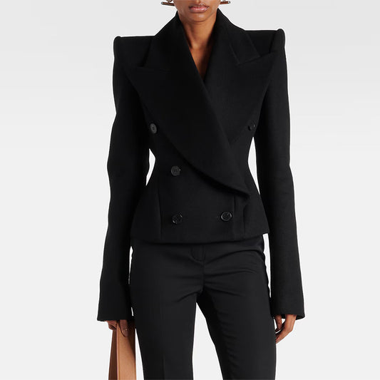 Stylish Double-Breasted Wool Blend Jacket With Large Lapels