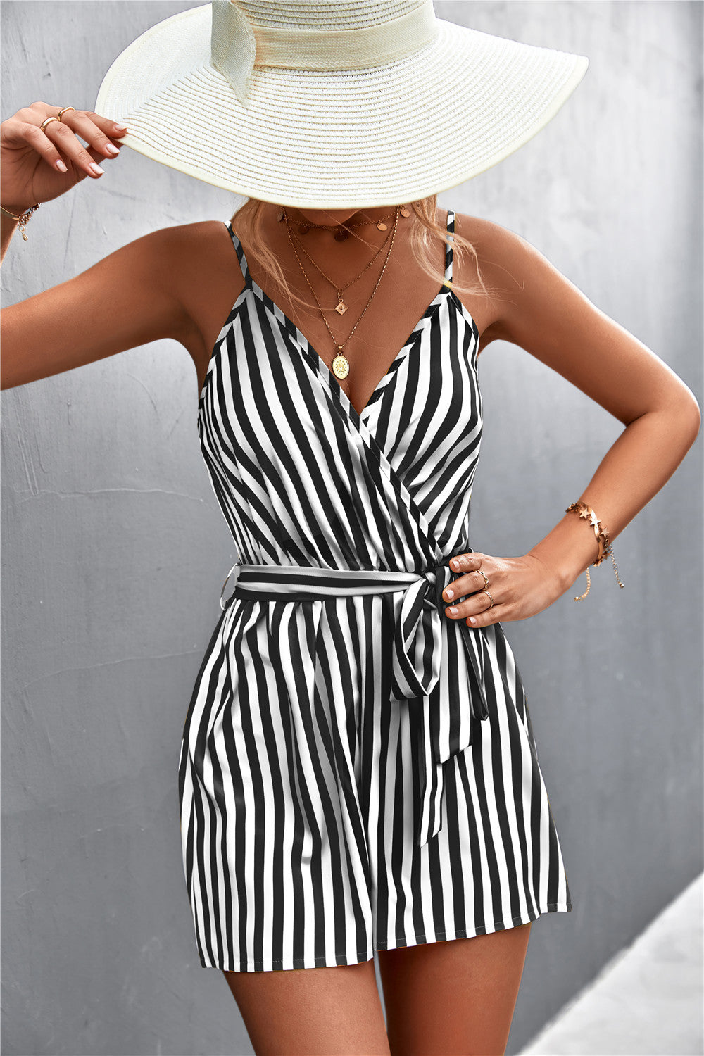 Sexy V-Neck Striped Slipper Jumpsuit Woman