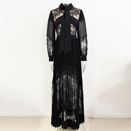 Lace Pleated Maxi Dress Elegant Casual Style