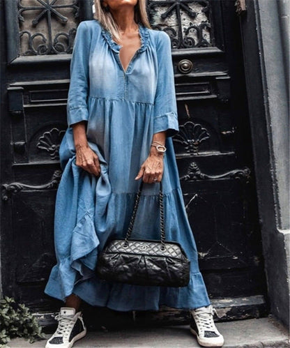 New Washed Denim Large Swing Long Skirt With Medium And Long Sleeves
