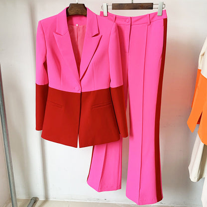 Trendy Color Block Blazer And Flared Pants Set