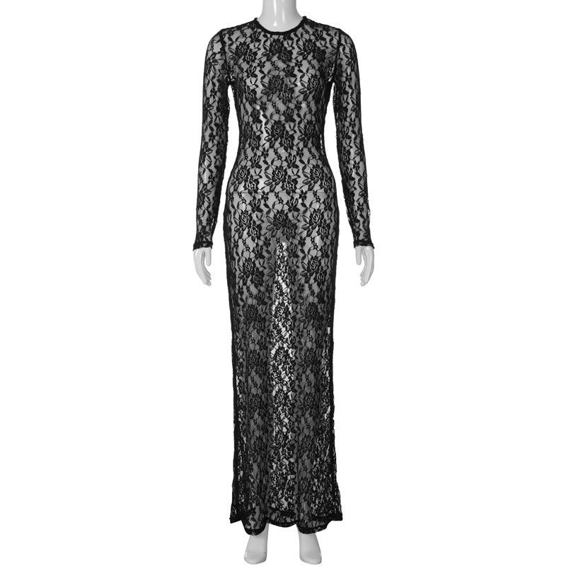 Sensual Lace Long Dress with Sheer Design for Parties