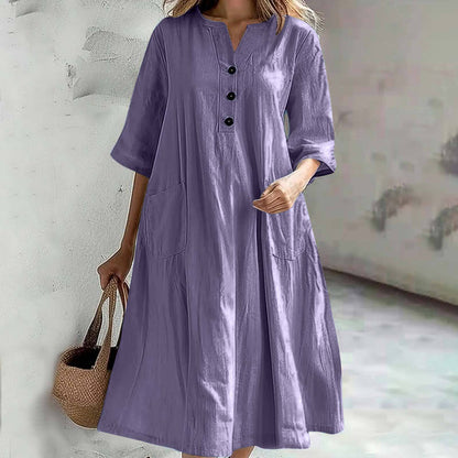 Women'S Dress Women'S Medium And Long V-Neck Half-Sleeve Cotton And Linen Loose Version Three-Button Pocket Dress