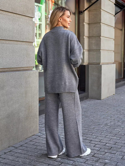 Women's Cozy Knitted High Neck Sweater Set in Solid Gray