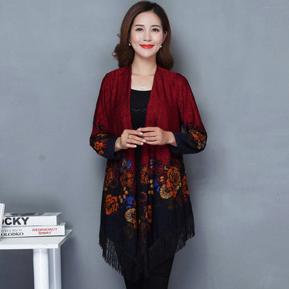 Autumn Outerwear Women'S Mid Length Ethnic Style Cape Printed Loose Outerwear Cape With Oversized Cardigan