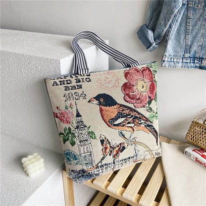 Ethnic Vintage Embroidered Canvas Tote Bag for Women