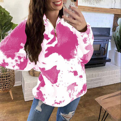New Autumn And Winter Leisure Fashion Plush Coat Female Cow Printed Zipper Sweater