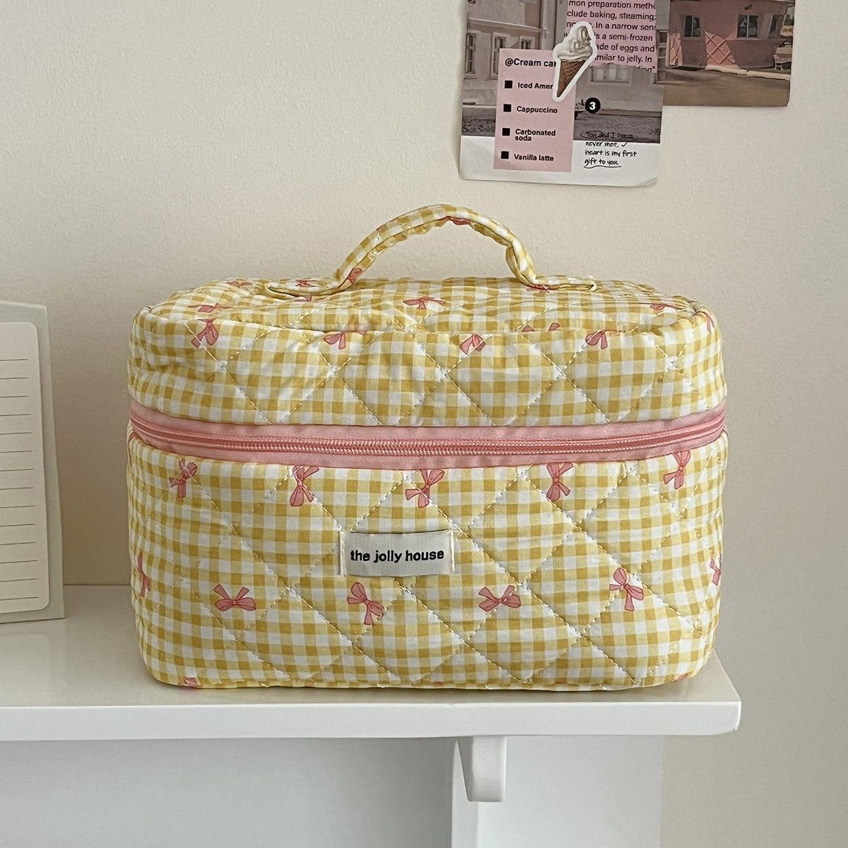 Large Capacity Plaid Bow Cosmetic Bag Retro Style