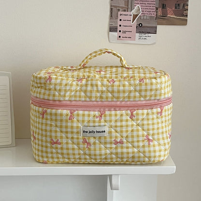 Large Capacity Plaid Bow Cosmetic Bag Retro Style